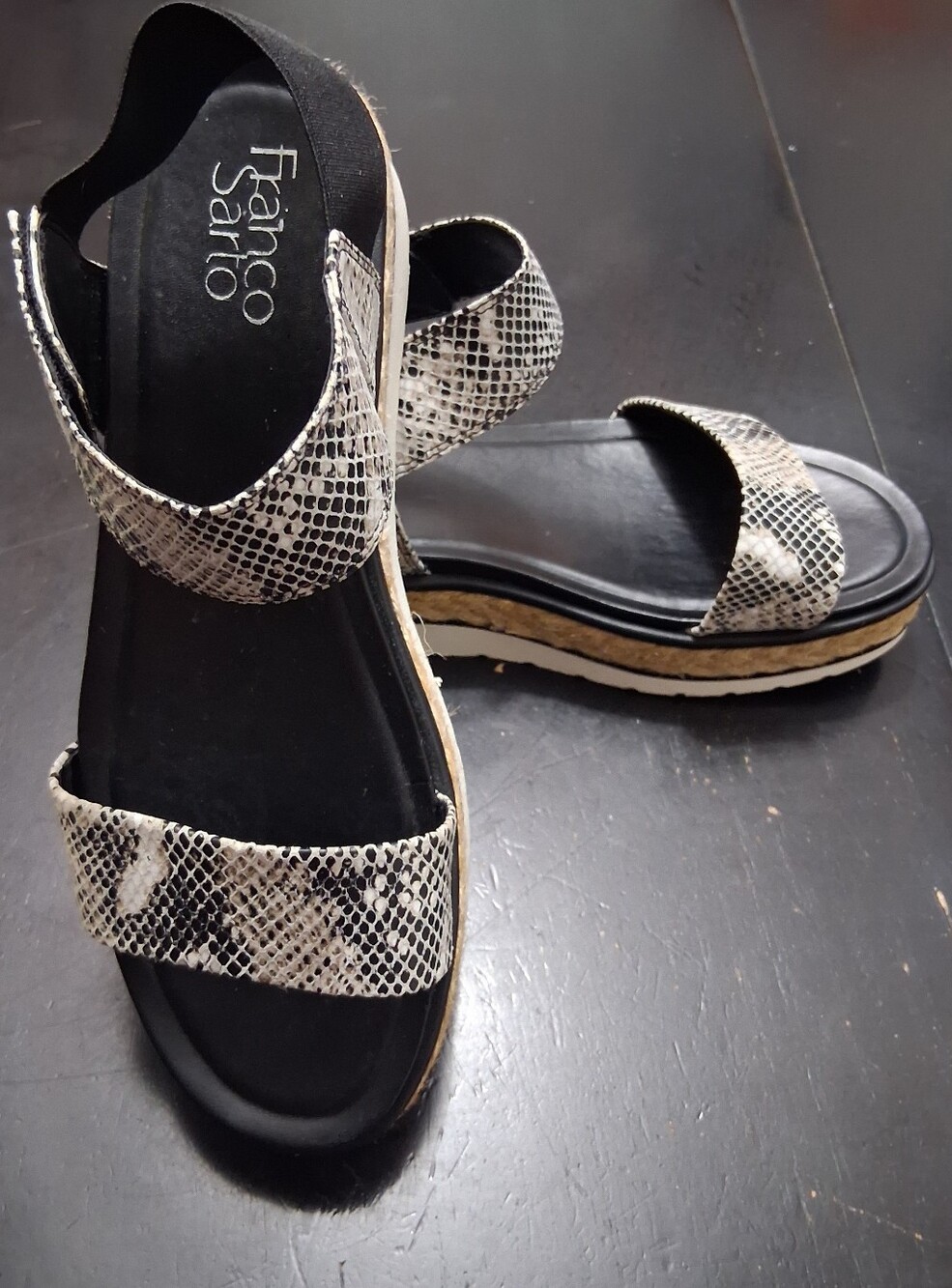 Franco Sarto Tinaka Black & White Snake-Print Espadrille Sandal With Ankle Strap